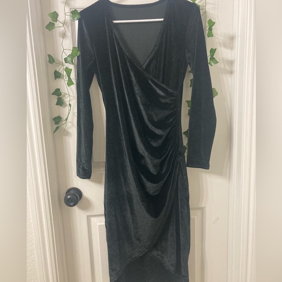 Womens Wrap V Neck Long Sleeve Velvet Bodycon Ruched Cocktail Party Wedding - Picture 4 of 5